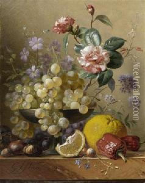 Camellia Spray Amongst Grapes In
 A Silver Bowl, With Chestnut, Medlar, Grapefruit, A Slice Of Lemon And 
Paprika On A Marble Ledge Oil Painting - Georgius Jacobus J. Van Os