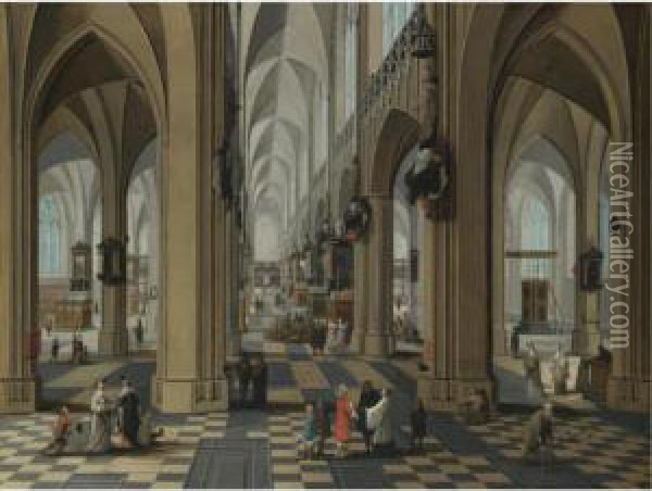 A Church Interior With Elegant Figures Strolling And Figures Attending Mass Oil Painting - Peeter, the Elder Neeffs