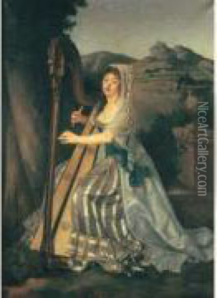 Portrait De Mademoiselle Forbin De Gardanne Jouant De La Harpe Sur Fond De Paysage Oil Painting - Jean Jacques Francois Le Barbier