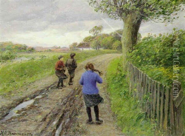 Born Pa En Landevej En Blaesende Sensommerdag Oil Painting - Hans Andersen Brendekilde