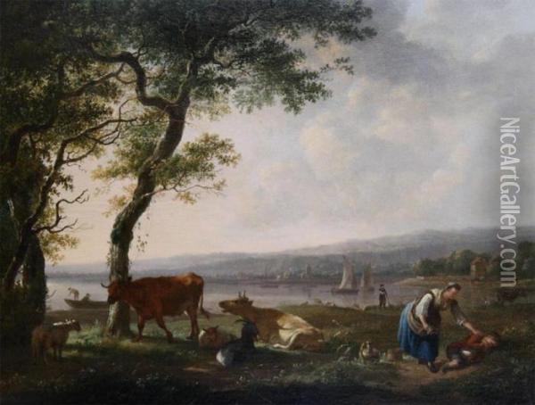 River Landscape With Shepherdess And Sleaping Child Oil Painting - Balthasar Paul Ommeganck