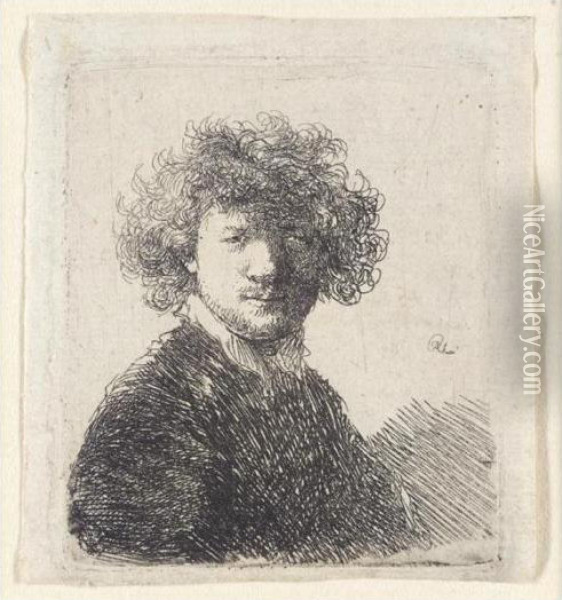 Self Portrait With Curly Hair And White Collar: Bust (b., Holl.1; H.33; Bb.30-11) Oil Painting - Rembrandt Van Rijn
