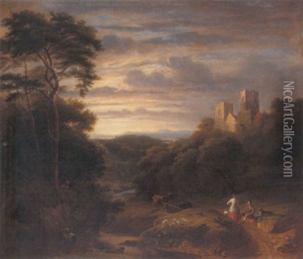 An Extensive Wooded River Landscape, With Figures And Cattle In The Foreground And A Church Beyond Oil Painting - Francis Danby