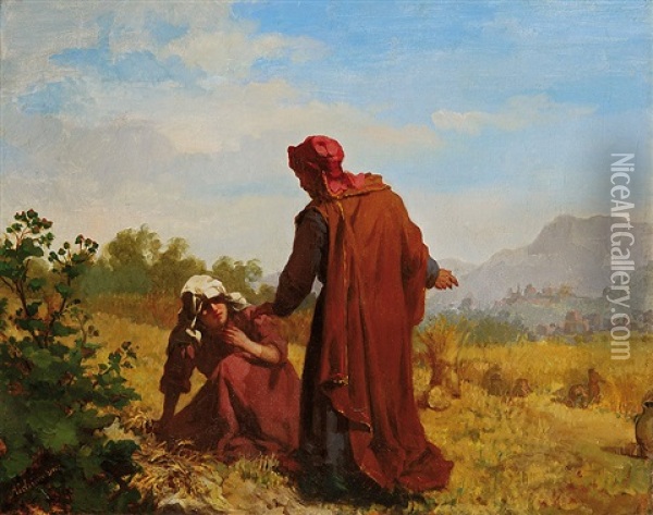 Booz And Ruth Collecting Barley Ears Oil Painting - Kazimierz Alchimowicz