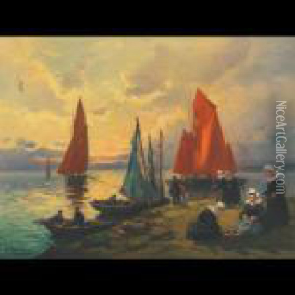 Marine Fin De Journee, Dournenez Oil Painting - Henri Alphonse Barnoin