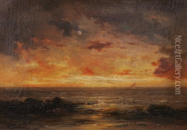 Villers Sur Mer - Solnedgang Oil Painting - Gabriel Hippolyte Le Bas