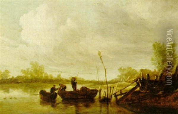 Flodlandskap Med Figurer Och Batar Oil Painting - Pieter de Neyn