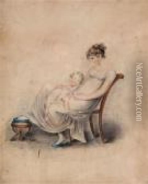 A Study Of A Young Lady With A Child Asleep On Her Lap Oil Painting - Adam Buck