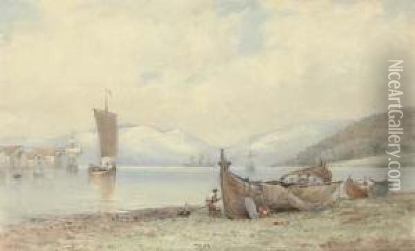 A Steamer And Other Shipping In A Norwegian Fjord Oil Painting - Walter William May