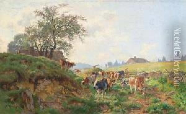 Paysage Avec Vaches Et Personnage Oil Painting - Fritz Edouard Huguenin-Lassauguette