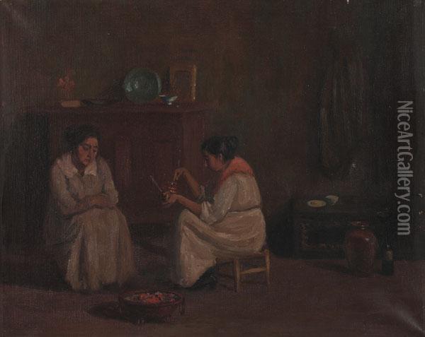 Two Women In An Interior Oil Painting - Sebastian Llanos Y Valdes