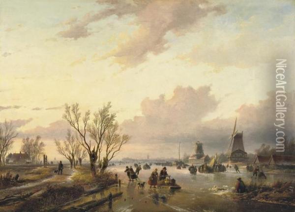 Leisure Time On The Ice At Sunset Oil Painting - Jan Jacob Coenraad Spohler
