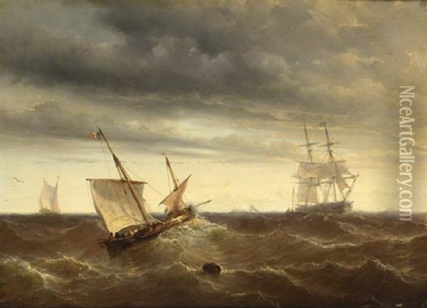Shipping In Choppy Waters Oil Painting - Johan Hendrik Meyer