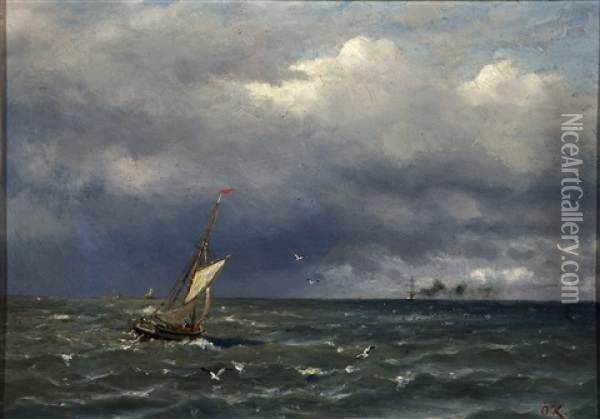 Fishing Boat At The Sea Oil Painting - Oskar Conrad Kleineh