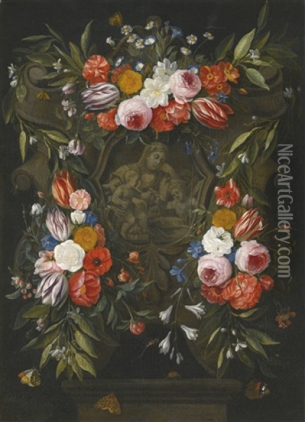 A Garland Of Flowers Around A Stone Cartouche Depicting The Virgin And Child And Saint John Oil Painting - Jan van Kessel the Elder