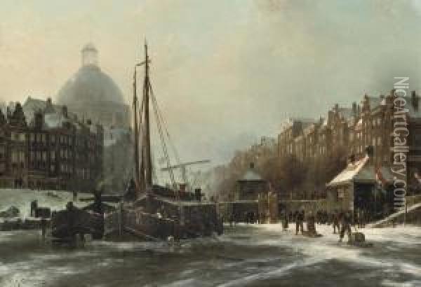 Winterdag: On The Frozen Singel, Amsterdam Oil Painting - Willem Hendrik Eickelberg