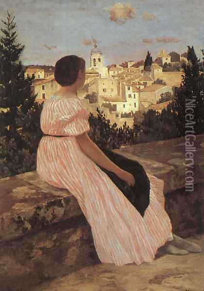 The Pink Dress (View of Castelnau-le-Lez, Hérault) 1864 Oil Painting - Frederic Bazille