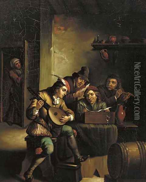 And Making Merry Music In A Dutch Tavern Oil Painting - Munich School