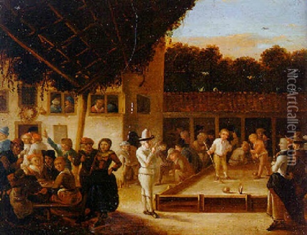 Figures Playing Bowls And Skittles In The Courtyard Of An Inn Oil Painting - Gerrit Lundens