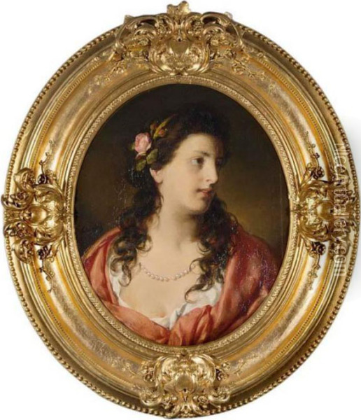 Portrait Of An Elegant Young 
Lady; Depicted Half-length Wearing A Red And White Dress, A Pearl 
Necklace And Roses In Her Hair Oil Painting - Friedrich Ritter von Amerling