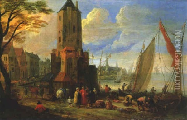 Figures And Boats By A Dutch Port Oil Painting - Pieter Bout