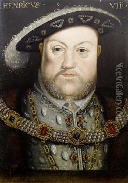 Portrait Of Henry Viii, In Grey Embroidered Costume And A Fur-trimmed Mantle Oil Painting - Hans Holbein the Younger