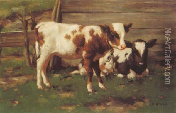 Calves Outside A Barn Oil Painting - David Gauld