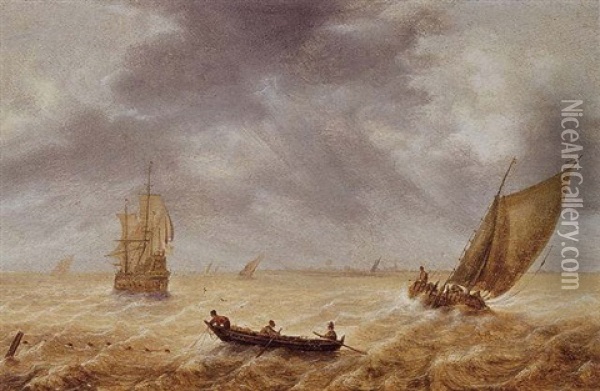Fishermen In A Rowboat And Other Sailing Vessels In A Choppy Sea, A City In The Distance Oil Painting - Hendrick Van Anthonissen