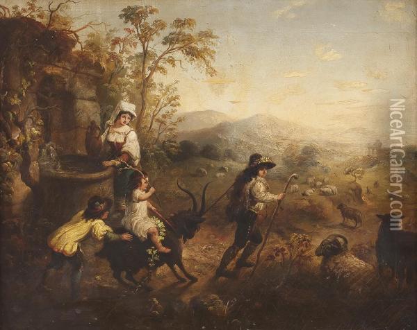 Frau Am Brunnen Mit Kindern Und Ziege Oil Painting - Julius Scholtz