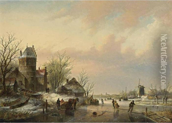 A Winter Landscape With Skaters Near A 'koek En Zopie' Oil Painting - Jan Jacob Coenraad Spohler