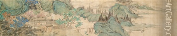 Landschaft Im Blaugrun-stil Mit Zwiegesprach In Gelehrtenklause Oil Painting -  Qian Gu