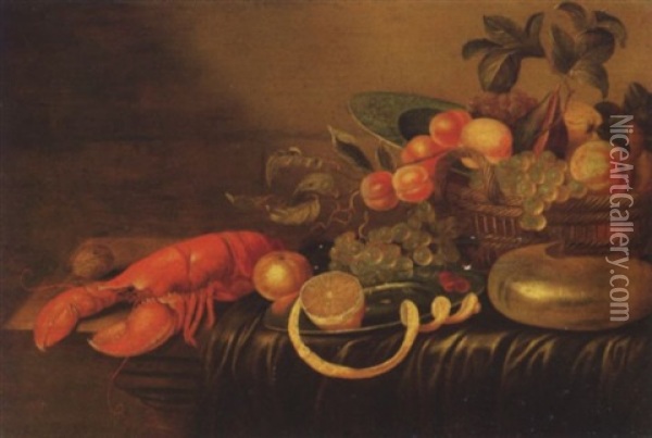 A Lobster, A Walnut, An Orange, A Peeled Lemon On  Pewter Plate, Cherries, White Grapes With A Basket Of Fruit, A Porcelain Dish And A Nautilus Shell On A Partially Draped Table Oil Painting - Cornelis Mahu