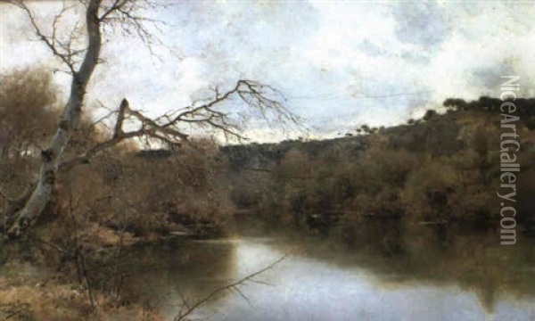 A Figure In A River Landscape Oil Painting - Emilio Sanchez-Perrier