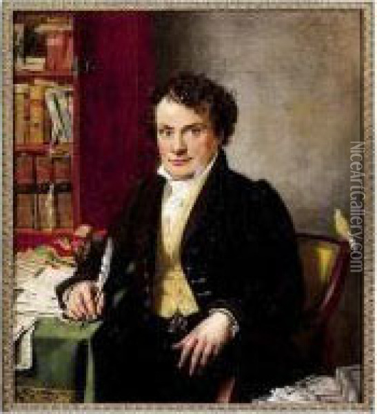 Portrait D'homme Assis Devant Sa Bibliotheque Oil Painting - Josef Bartholomeus Vieillevoye