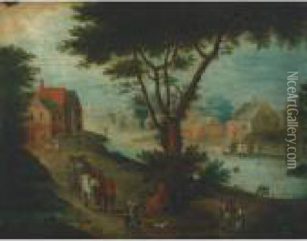 Village Scene With Townsfolk On Riverside Path Oil Painting - Theobald Michau