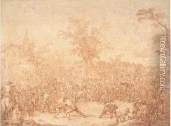 Attroupement Autour D'une Scene De Lutte Dans Un Village Oil Painting - Adriaen Manglard