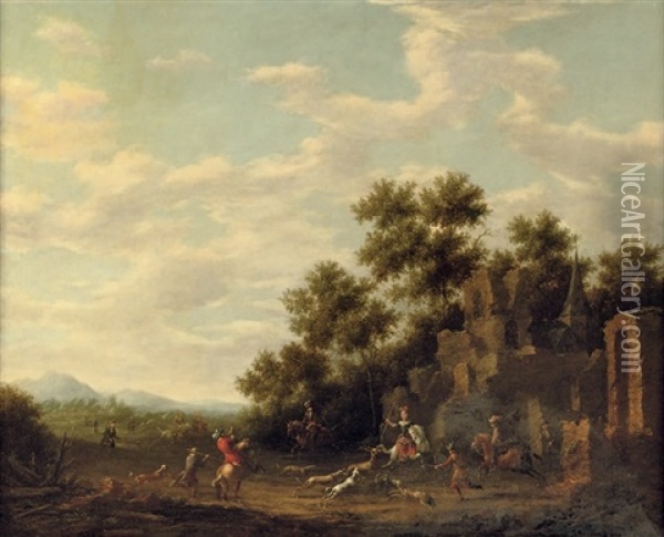 A Wooded Landscape With A Hunting Party Near A Ruin Oil Painting - Barend Gael