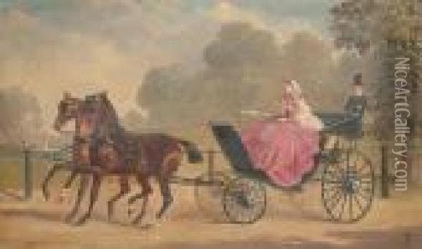 A Lady Driving Out In A Carriage And Pair Oil Painting - Alfred F. De Prades