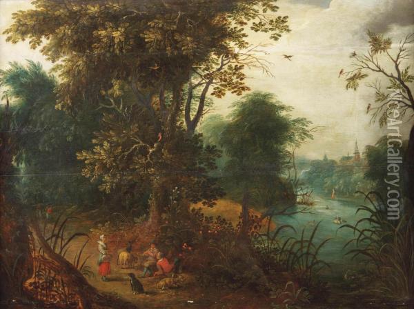 A Wooded River Landscape With Shepherds Conversing On A Track Oil Painting - Abraham Govaerts