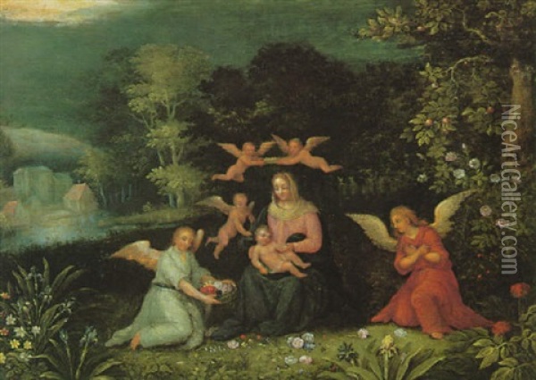 Madonna Mit Kind Und Engeln Vor Waldlandschaft Mit Gebauden Am See Links Im Hintergrund Oil Painting - Peeter Van Avont