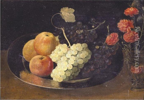 Still Life With Grapes And Apples On A Pewter Plate And A Glass With Carnations Oil Painting - Jacob Fopsen van Es