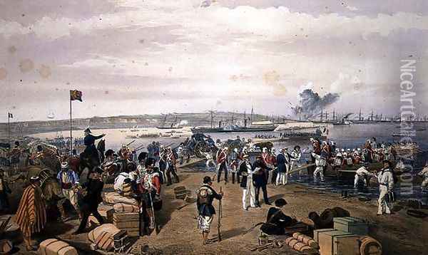 Disembarkation of the Expedition to Kertch at Kamish Bournou, plate from The Seat of War in the East, pub. by Paul and Dominic Colnaghi and Co., 1856 Oil Painting - William Simpson