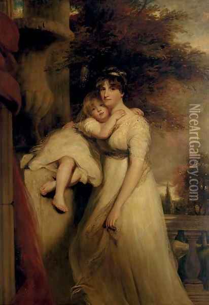 Portrait of Lady Mildmay, standing three-quarter-length, in a white dress, with her child, a landscape beyond Oil Painting - John Hoppner
