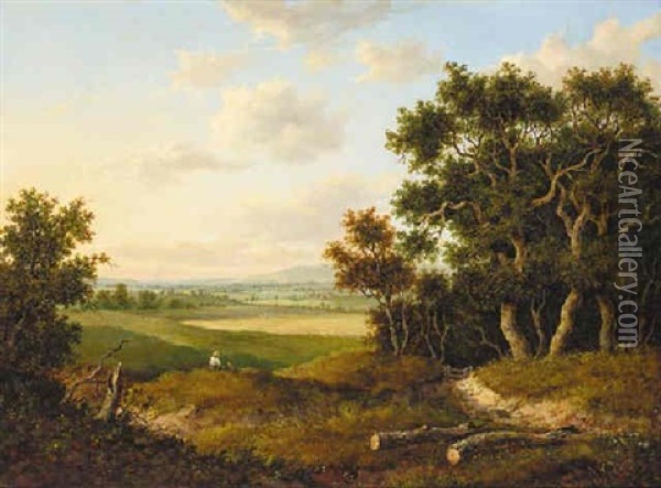 A Wooded Landscape With A Shepherd Looking Over His Flock Oil Painting - Patrick Nasmyth