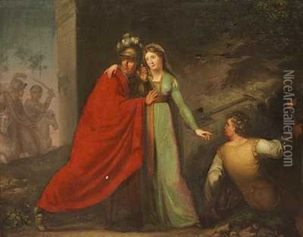 Mytologisk Scene Med Personer I Klassiske Gevandter, Der Skjuler Sig Oil Painting - Cornelius Hoeyer