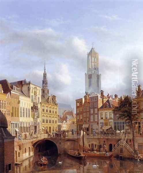 The Oudegracht with a View of the Old Town Hall and the Dom Tower beyond, Utrecht Oil Painting - Georg-Gillis Haanen