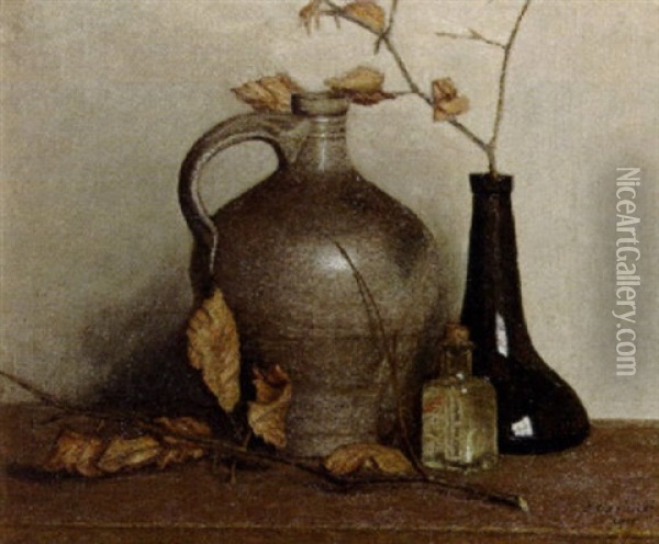 A Still Life With A Jug And Two Bottles Oil Painting - Jan Carbaat