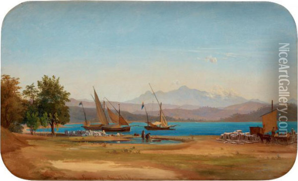 View From La Spezia Towards The Bay (shipping Of Carrarra Marble) Oil Painting - Joseph Magnus Stack