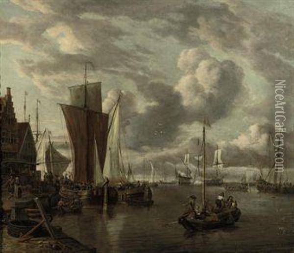 Quayside With Extensive Shipping Oil Painting - Abraham Storck