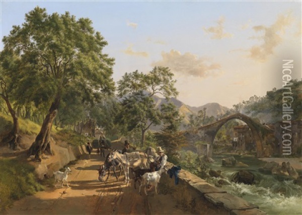 Rast An Der Landstrasse (brucke Von Loro Ciuffena, Arezzo) Oil Painting - Johann Nepomuk Rauch